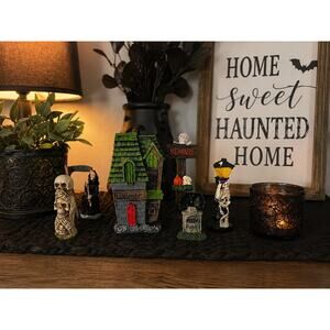 Halloween Miniature Figurine Set Spooky Village Haunted House Tiered Tray Decor